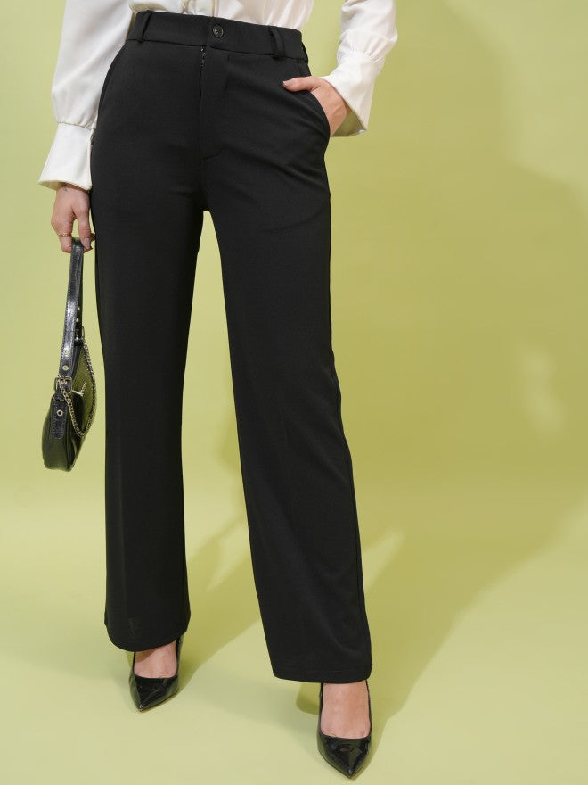 Tokyo Talkies Women Black Solid Straight Fit Casual Trouser - Black - Image 1