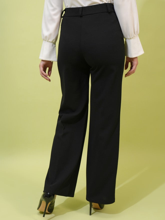 Tokyo Talkies Women Black Solid Straight Fit Casual Trouser - Black - Image 3