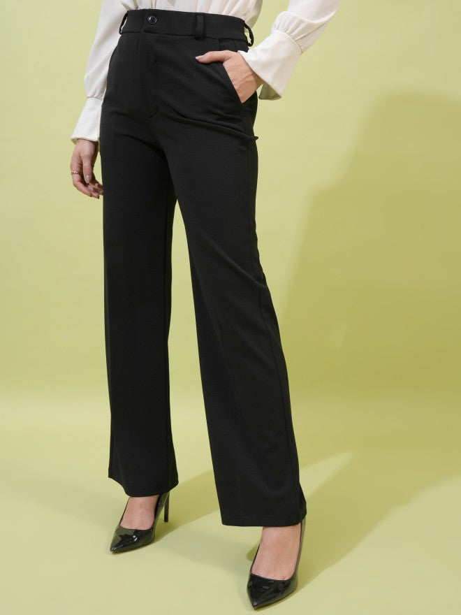 Tokyo Talkies Women Black Solid Straight Fit Casual Trouser - Black - Image 4