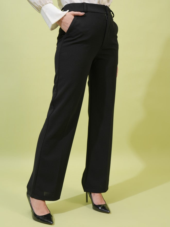 Tokyo Talkies Women Black Solid Straight Fit Casual Trouser - Black - Image 6
