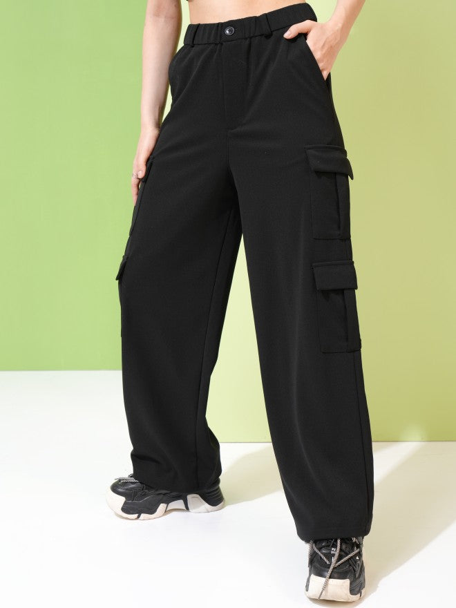 Tokyo Talkies Women Black Solid Straight Fit Cargos - Black - Image 1
