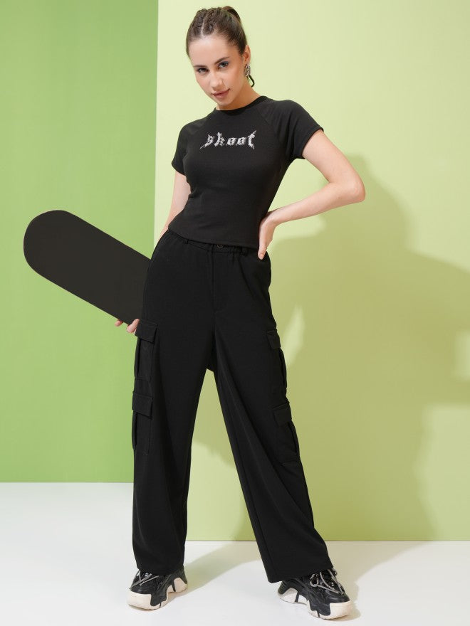 Tokyo Talkies Women Black Solid Straight Fit Cargos - Black - Image 2