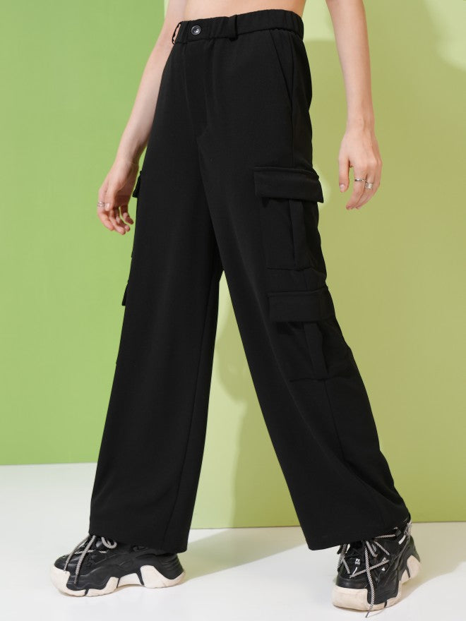 Tokyo Talkies Women Black Solid Straight Fit Cargos - Black - Image 4