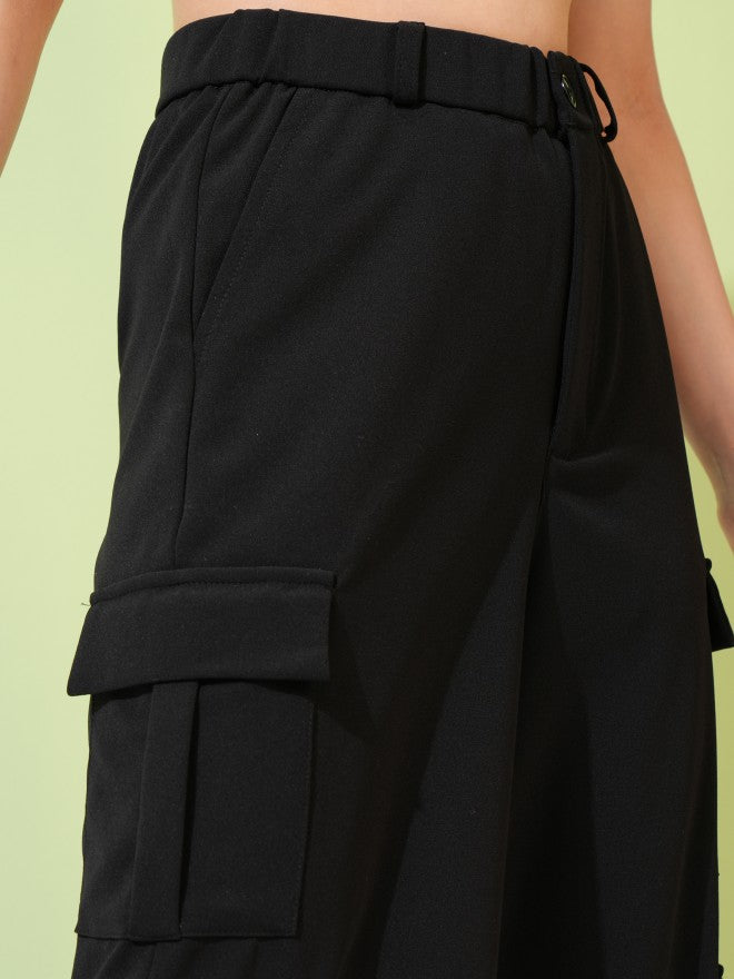 Tokyo Talkies Women Black Solid Straight Fit Cargos - Black - Image 5