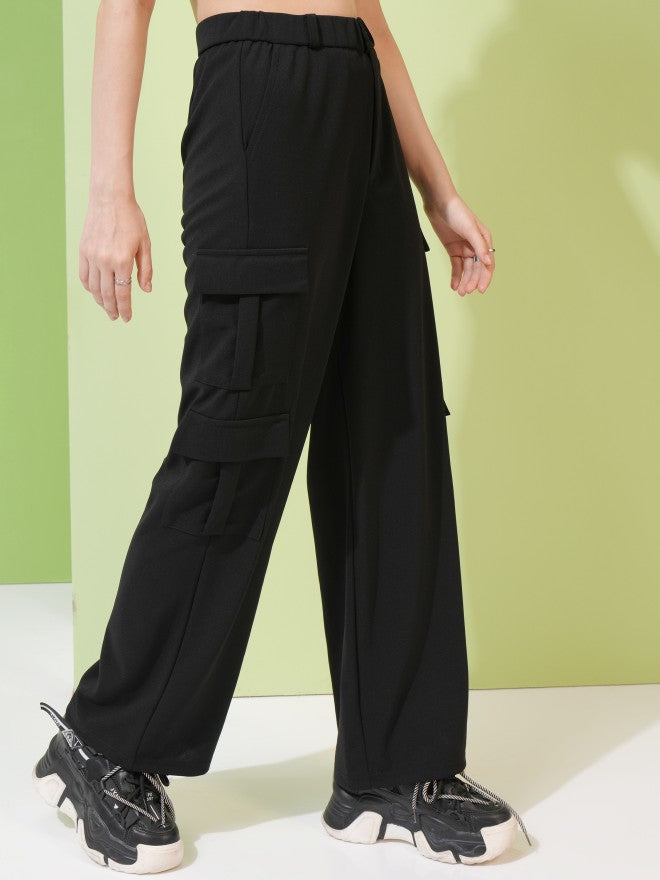 Tokyo Talkies Women Black Solid Straight Fit Cargos - Black - Image 6