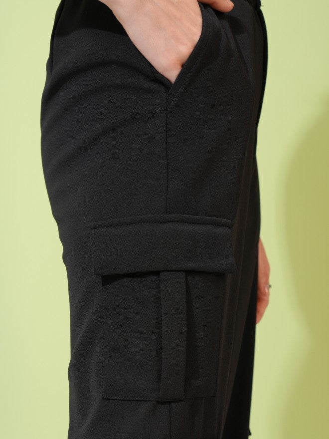 Tokyo Talkies Women Black Solid Straight Fit Cargos - Black - Image 7