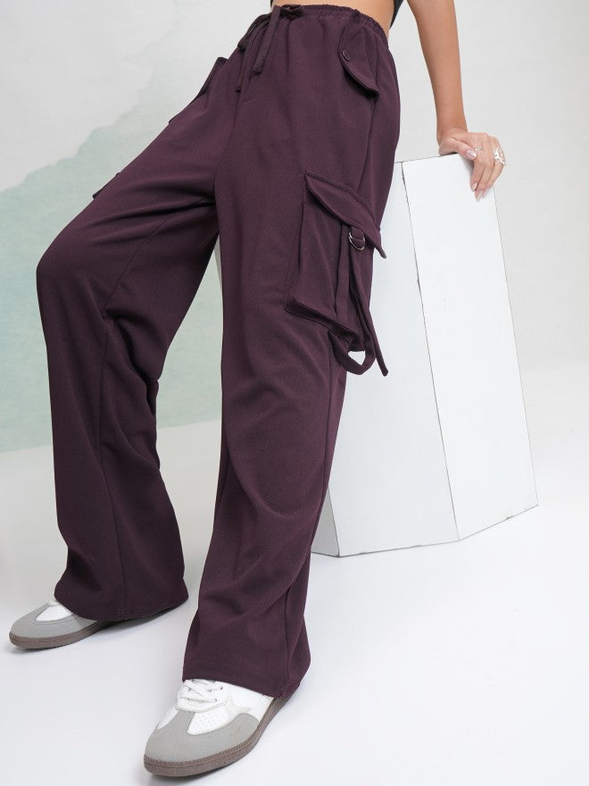 Tokyo Talkies Women Purple Solid Straight Fit Cargos - Purple - Image 1