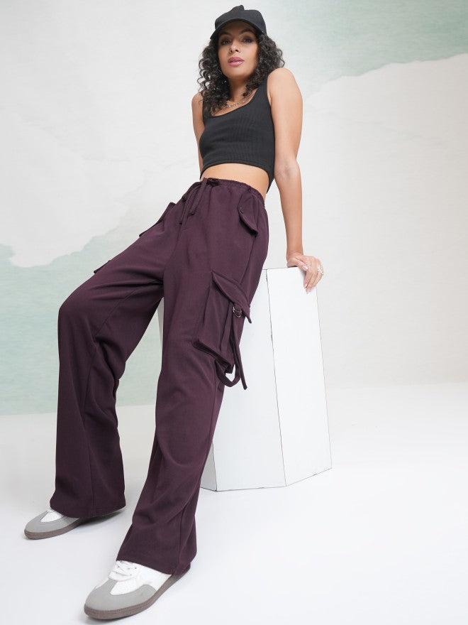 Tokyo Talkies Women Purple Solid Straight Fit Cargos - Purple - Image 2