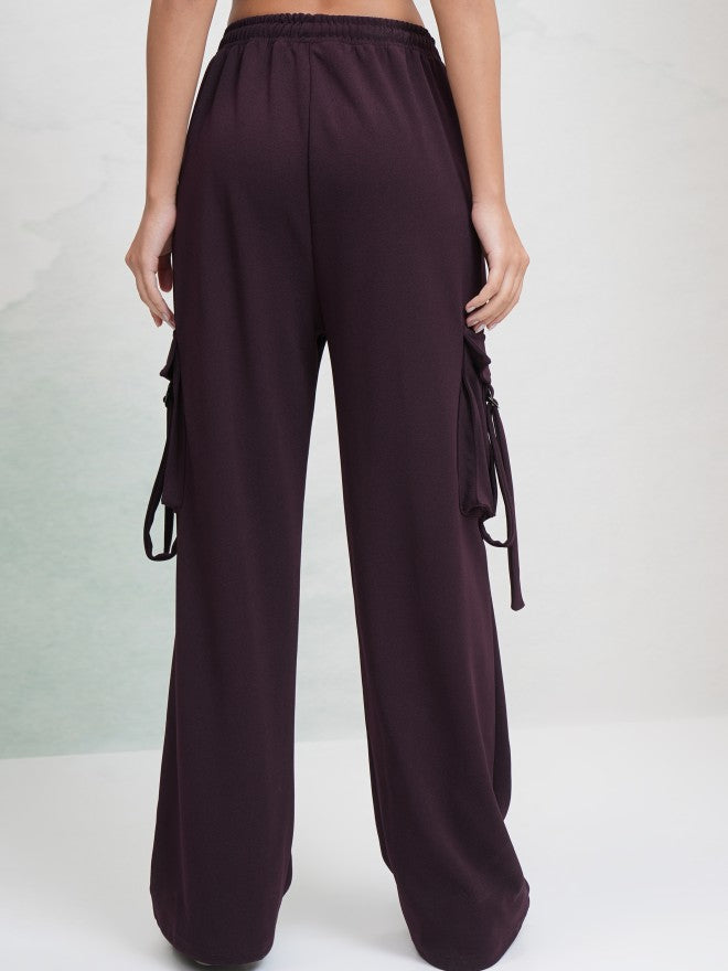 Tokyo Talkies Women Purple Solid Straight Fit Cargos - Purple - Image 3