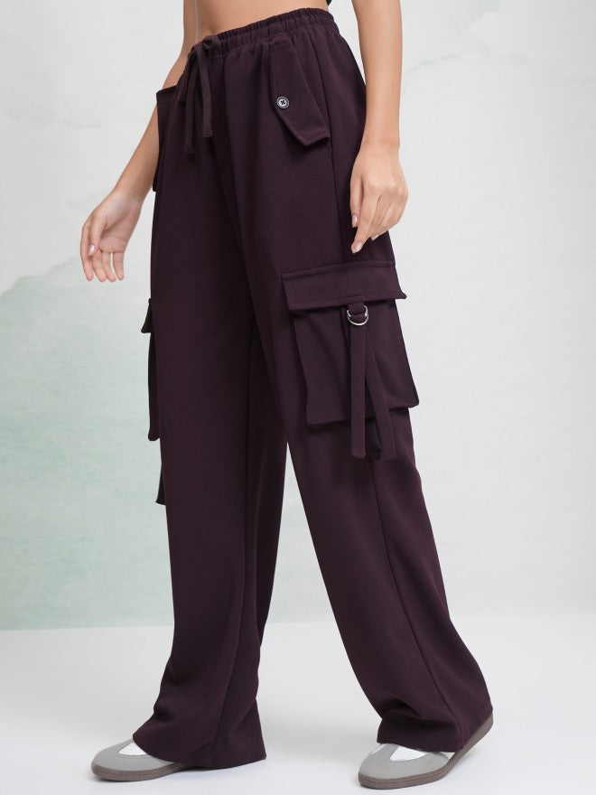 Tokyo Talkies Women Purple Solid Straight Fit Cargos - Purple - Image 4