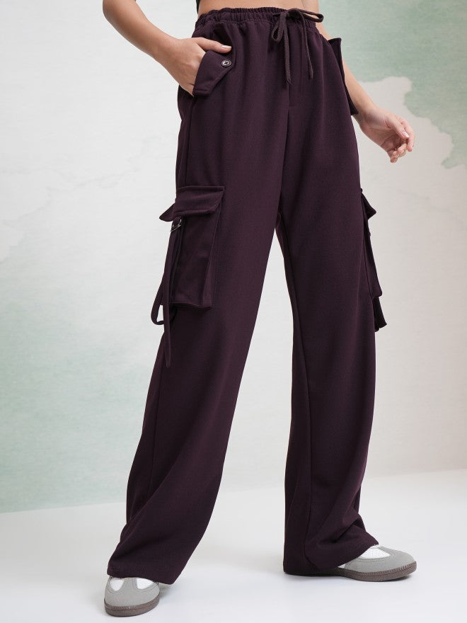 Tokyo Talkies Women Purple Solid Straight Fit Cargos - Purple - Image 6