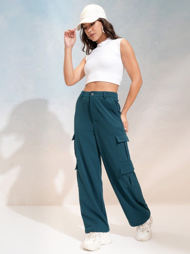 Tokyo Talkies Women Teal Regular Solid Cargos - Teal - Image 2