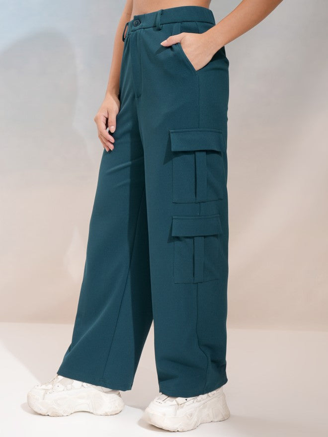 Tokyo Talkies Women Teal Regular Solid Cargos - Teal - Image 4
