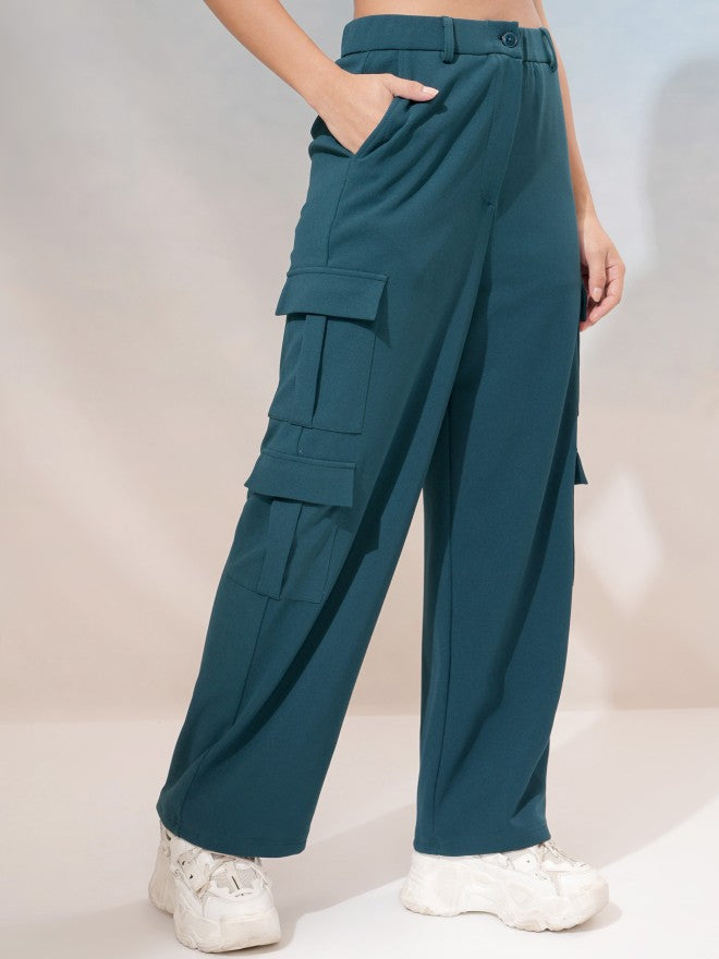Tokyo Talkies Women Teal Regular Solid Cargos - Teal - Image 6