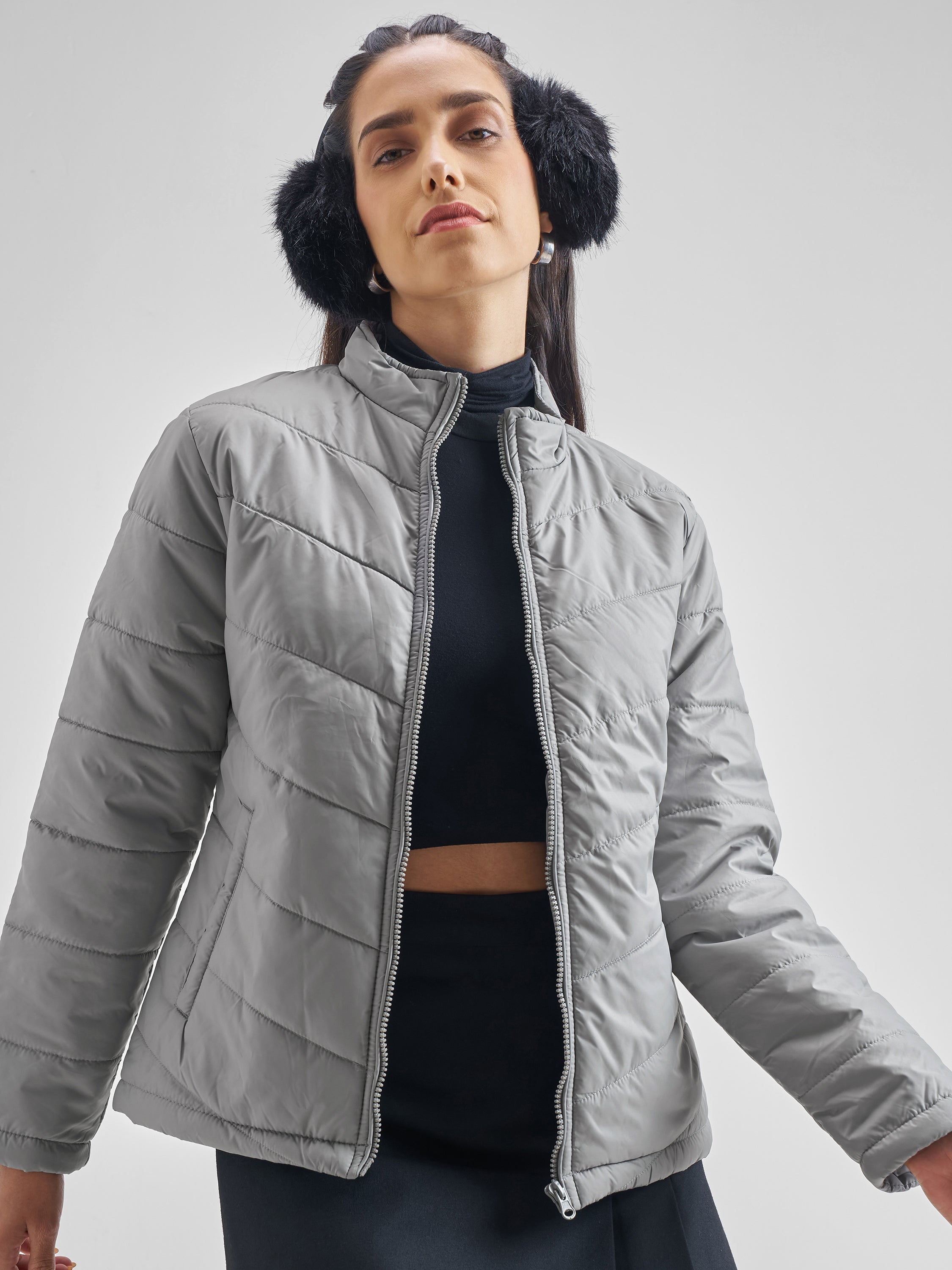 Tokyo Talkies Women Grey Puffer Jacket - Grey - Image 1