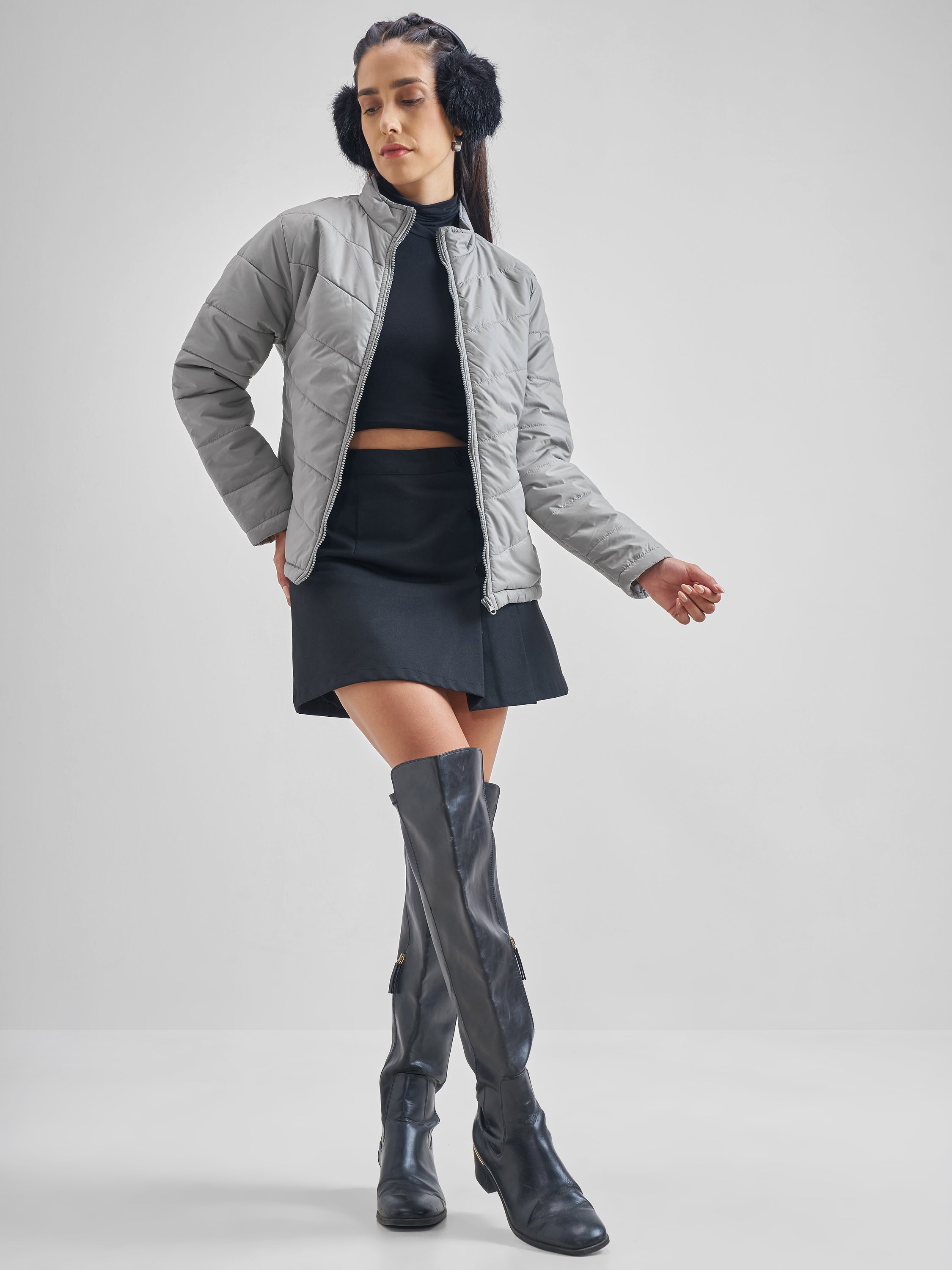 Tokyo Talkies Women Grey Puffer Jacket - Grey - Image 2