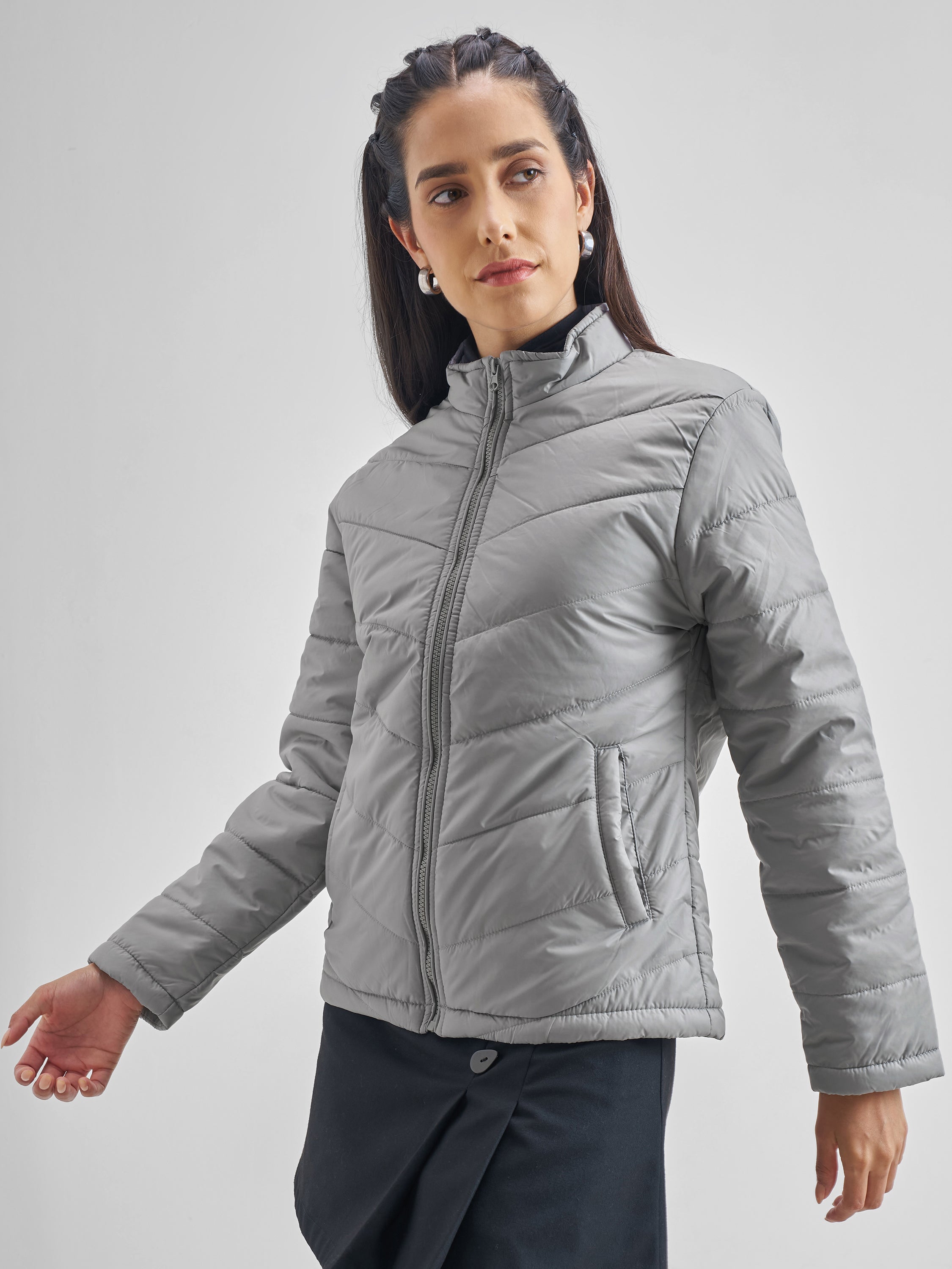 Tokyo Talkies Women Grey Puffer Jacket - Grey - Image 4