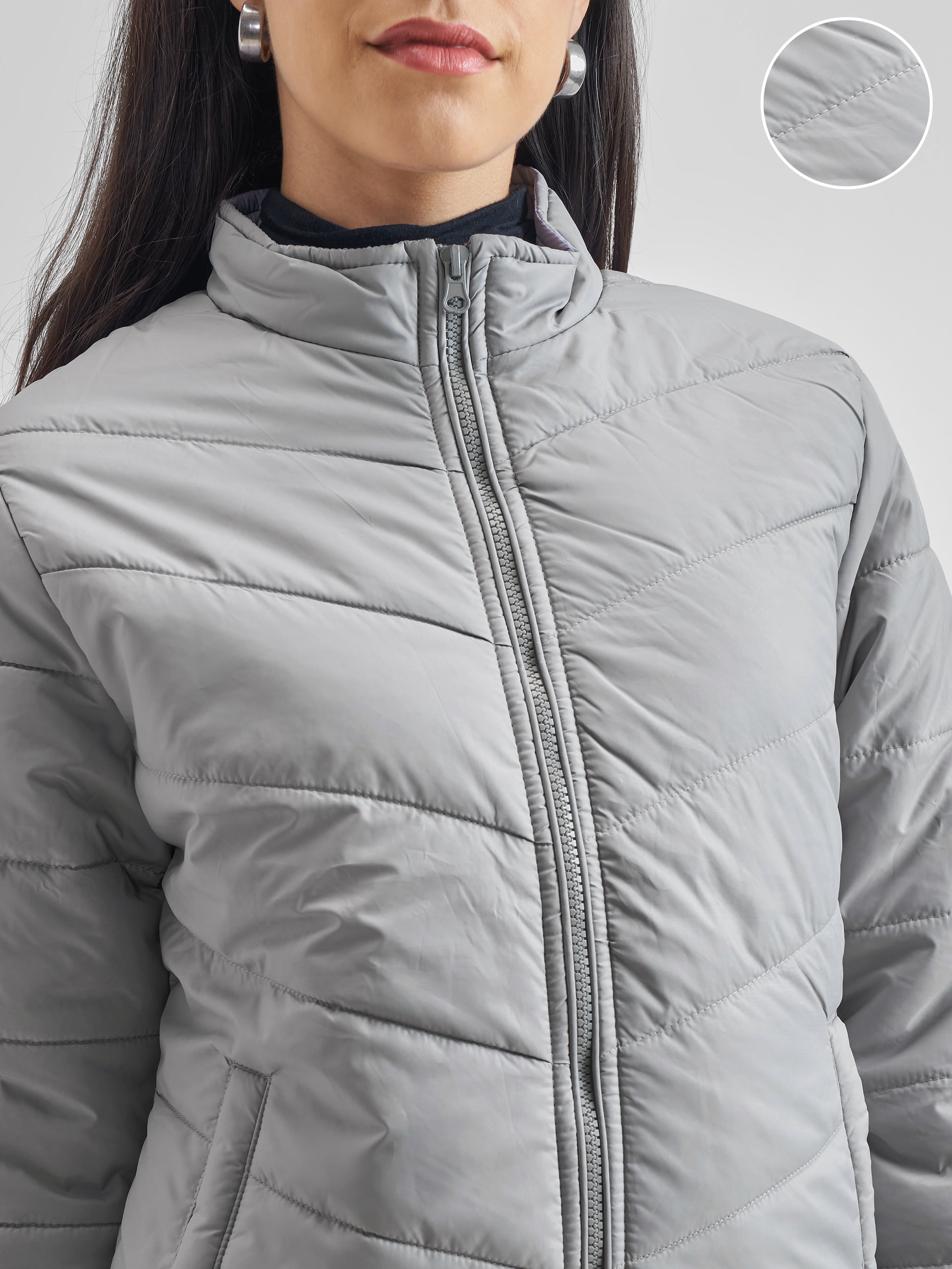 Tokyo Talkies Women Grey Puffer Jacket - Grey - Image 5