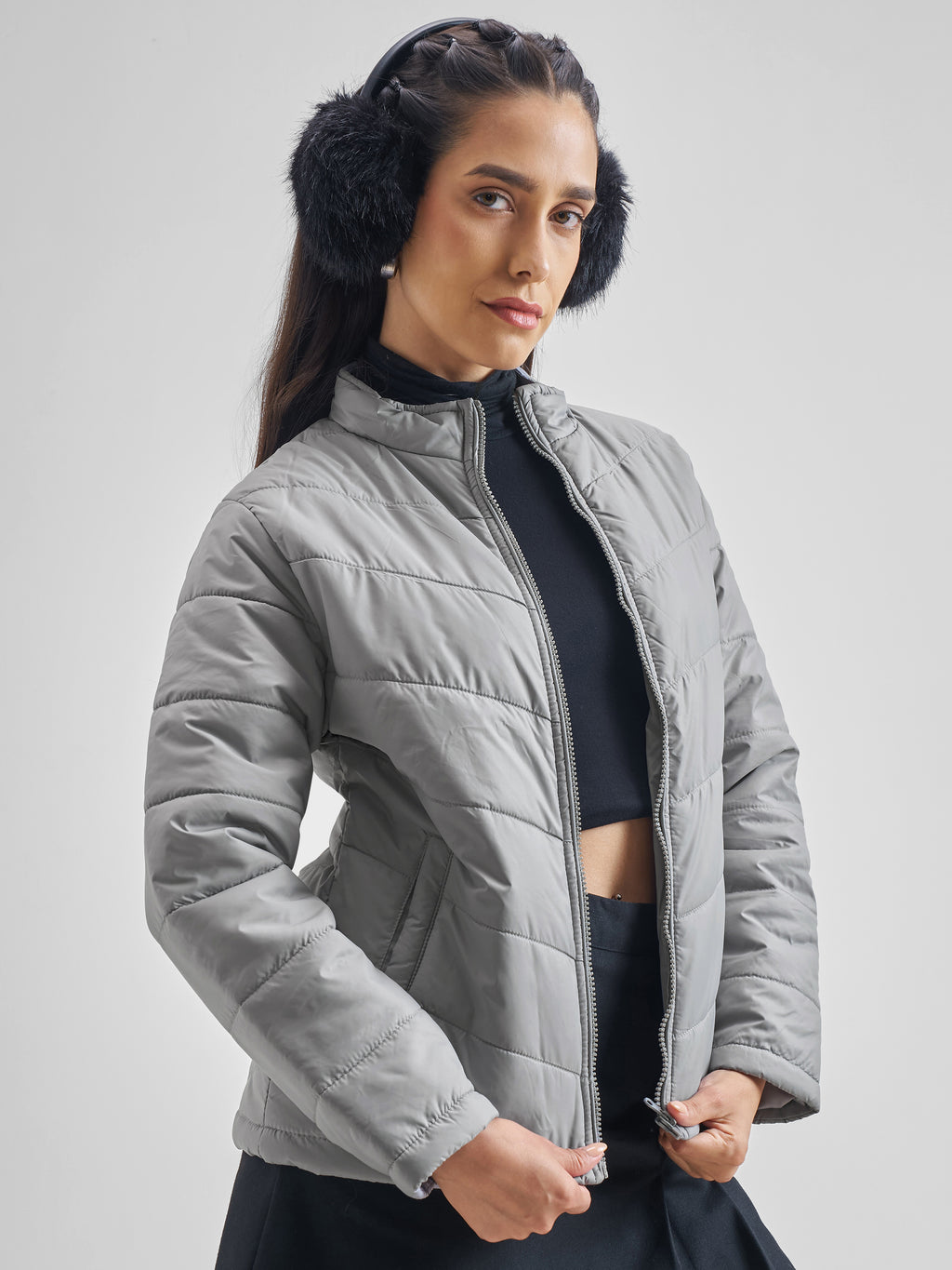 Tokyo Talkies Women Grey Puffer Jacket - Grey - Image 6