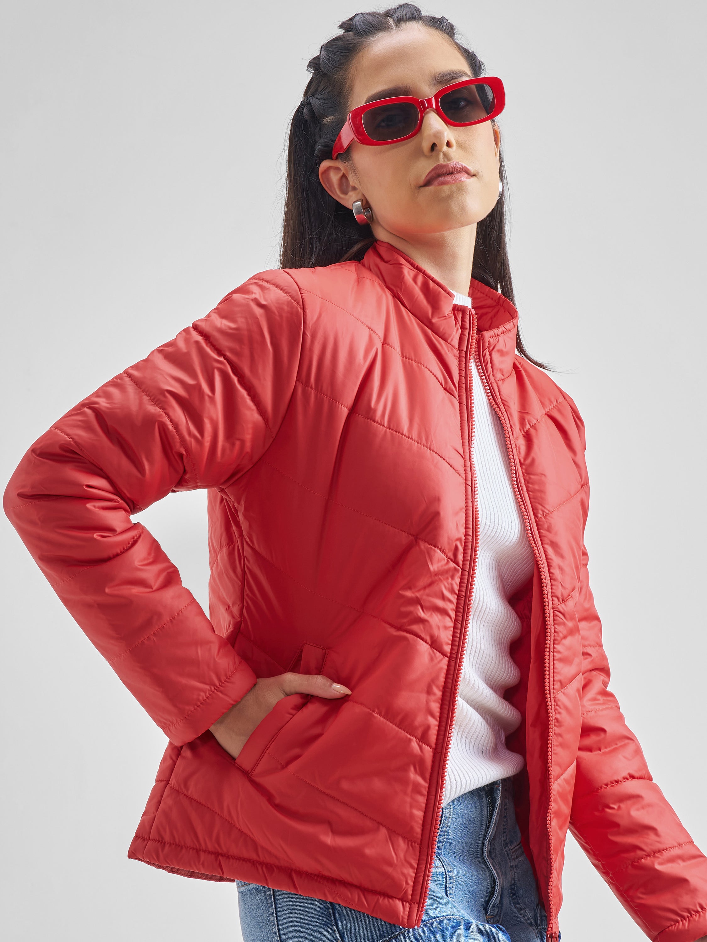 Tokyo Talkies Women Red Puffer Jacket - Red - Image 1
