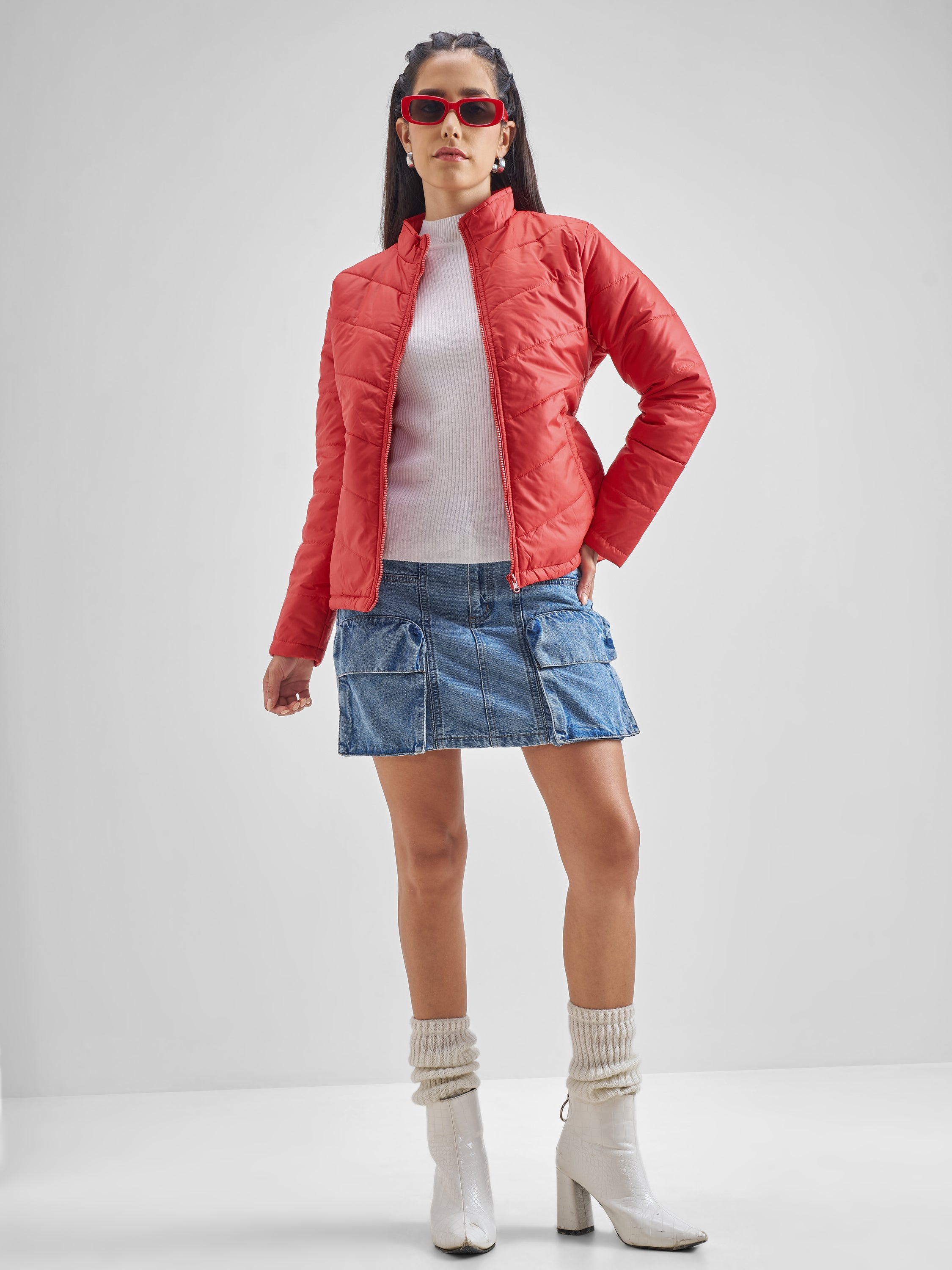 Tokyo Talkies Women Red Puffer Jacket - Red - Image 2