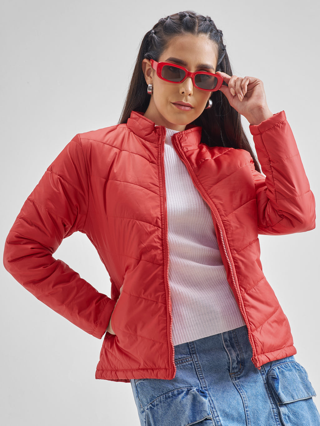 Tokyo Talkies Women Red Puffer Jacket - Red - Image 6