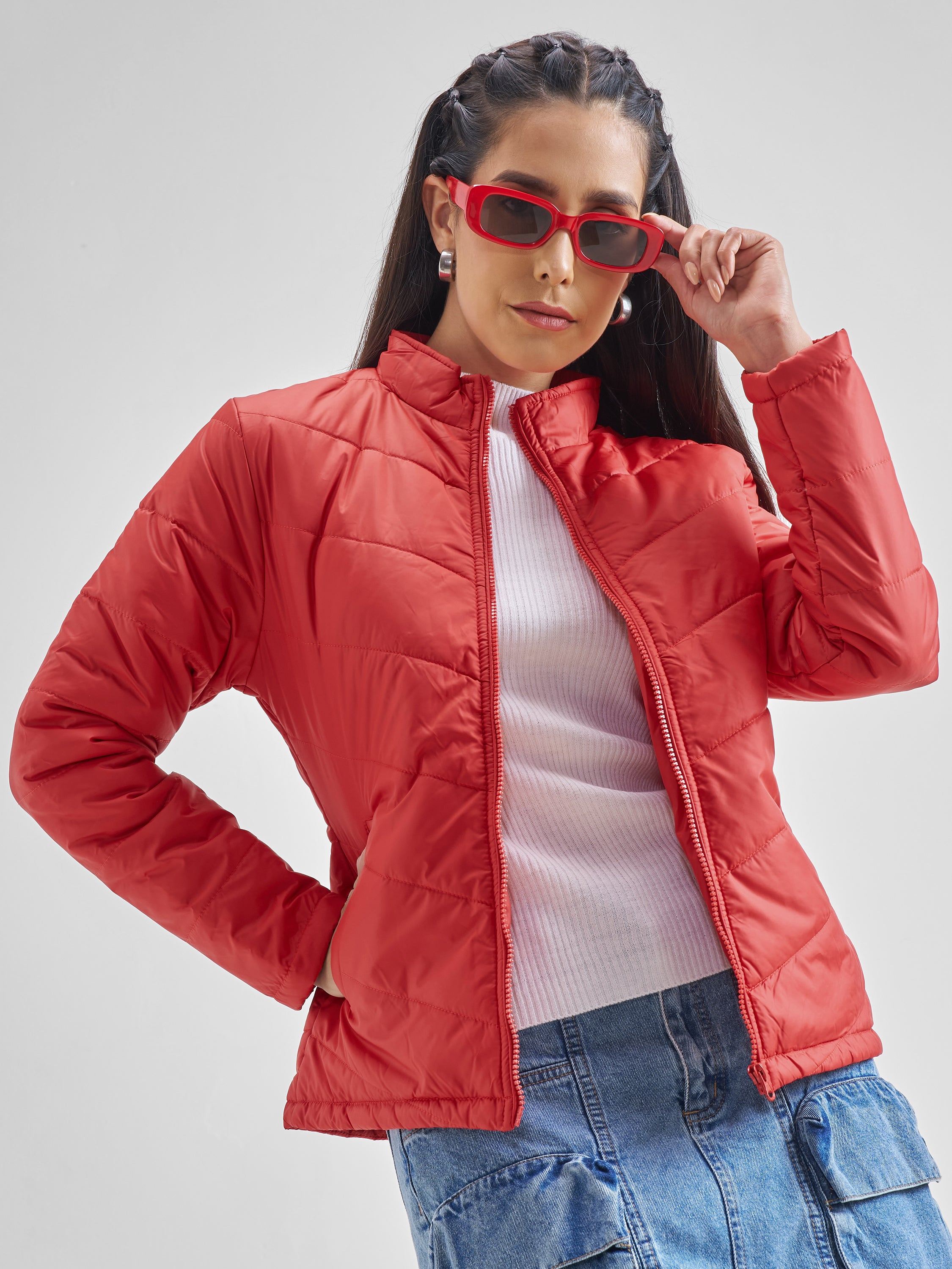 Tokyo Talkies Women Red Puffer Jacket - Red - Image 6