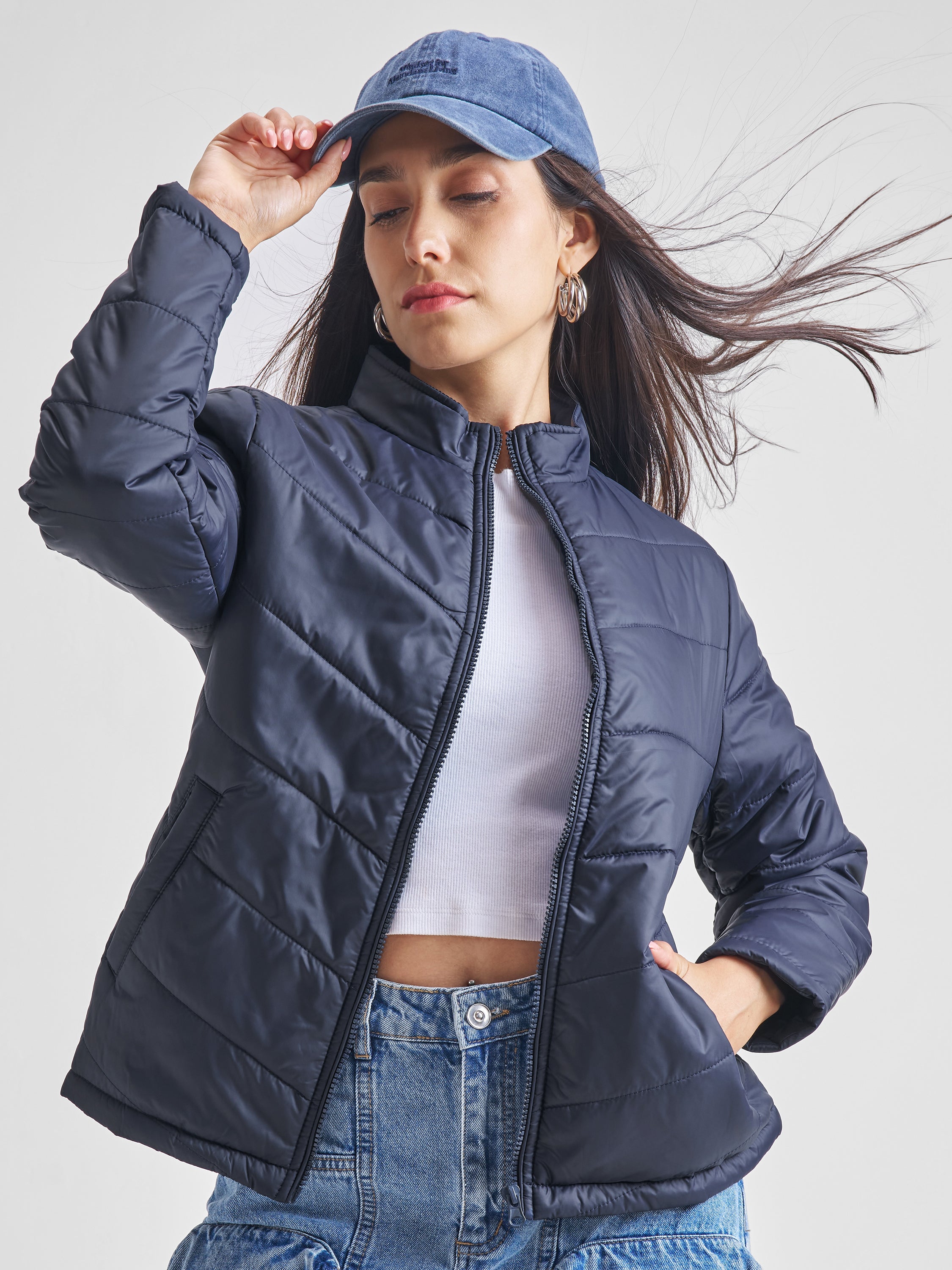 Tokyo Talkies Women Navy Blue Puffer Jacket - Navy Blue - Image 1