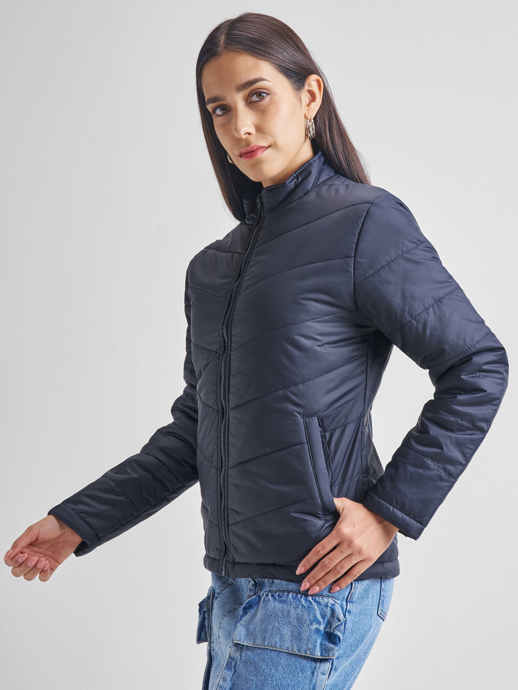Tokyo Talkies Women Navy Blue Puffer Jacket - Navy Blue - Image 4
