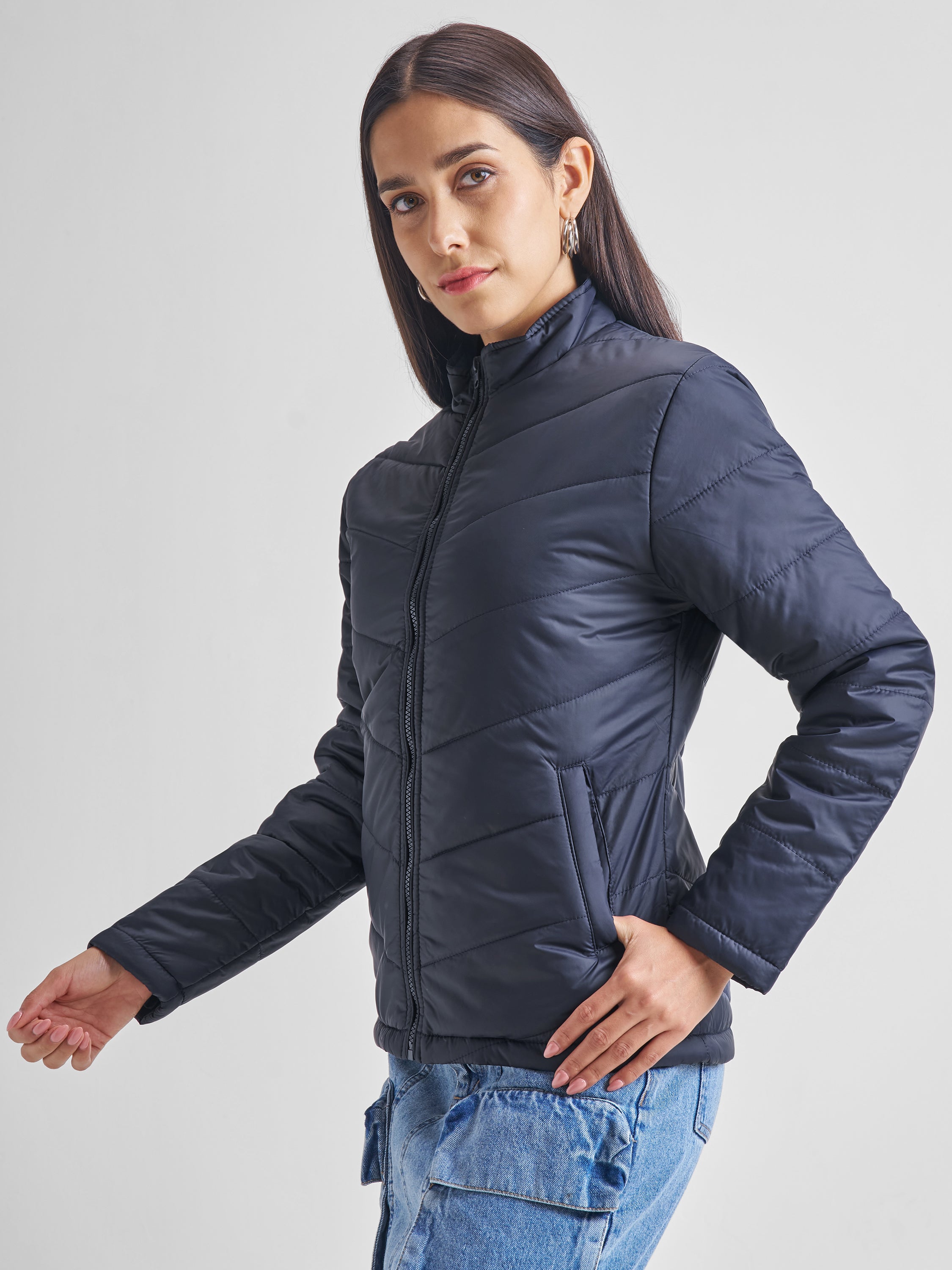 Tokyo Talkies Women Navy Blue Puffer Jacket - Navy Blue - Image 4