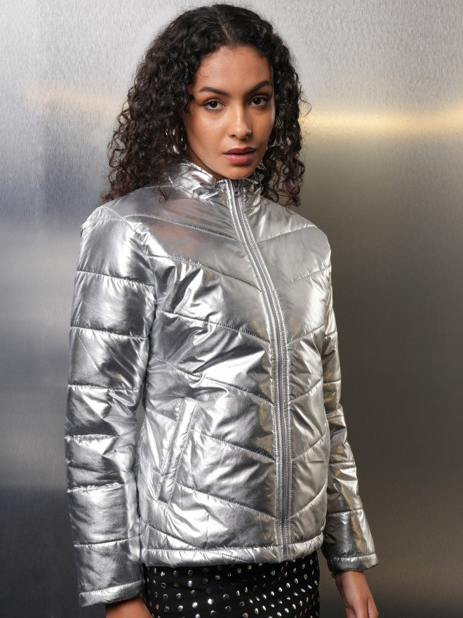 Tokyo Talkies Women Silver Puffer Jacket - Silver - Image 6