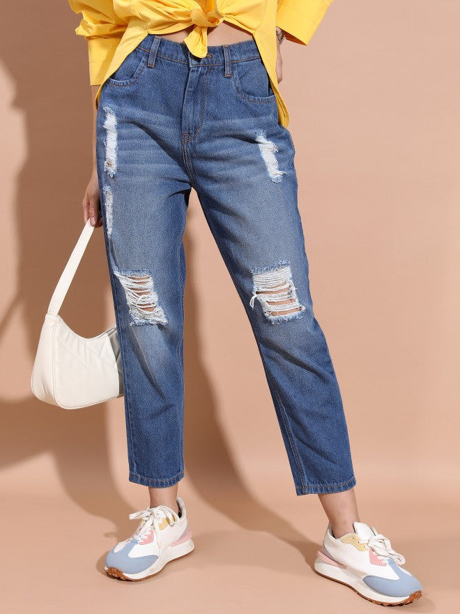 Tokyo Talkies Women Blue Relaxed Fit Highly Distressed Jeans - Blue - Image 1