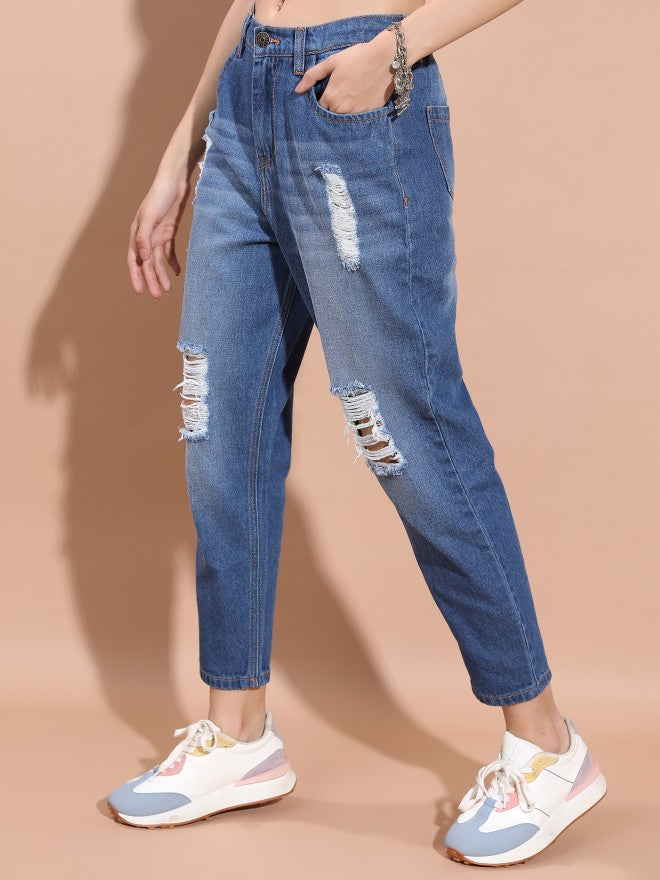 Tokyo Talkies Women Blue Relaxed Fit Highly Distressed Jeans - Blue - Image 4