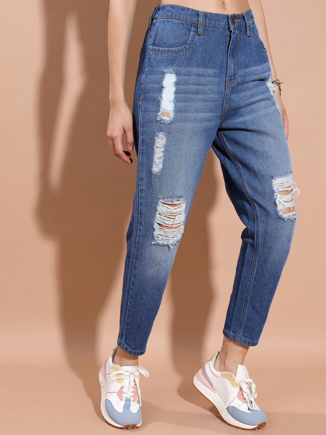 Tokyo Talkies Women Blue Relaxed Fit Highly Distressed Jeans - Blue - Image 6
