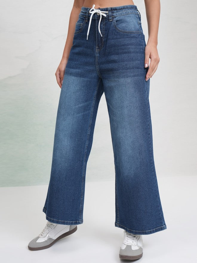 Tokyo Talkies Women Blue Wide Leg Stretchable Jeans - Blue - Image 4