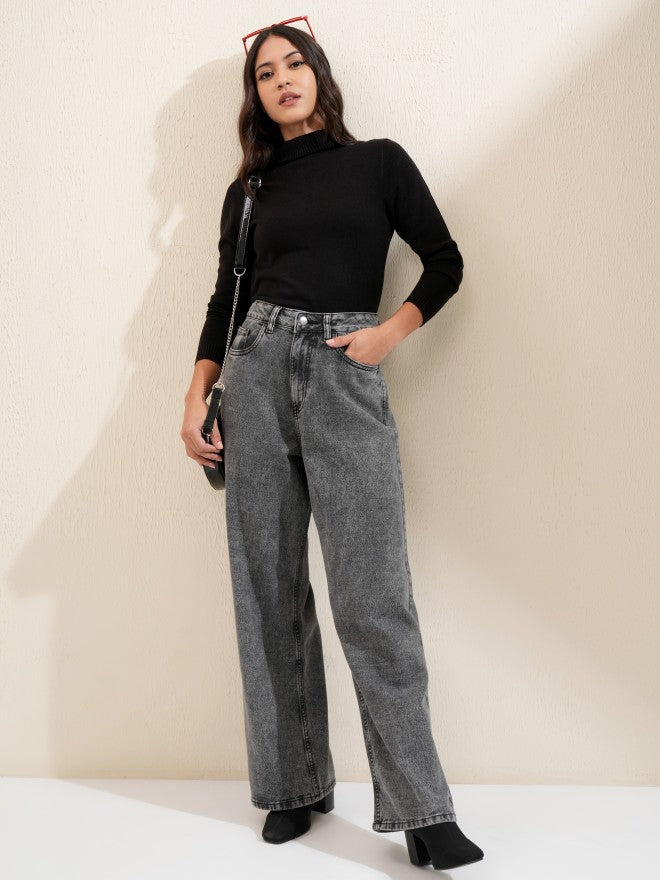 Tokyo Talkies Women Grey Wide Leg Jeans - Grey - Image 2