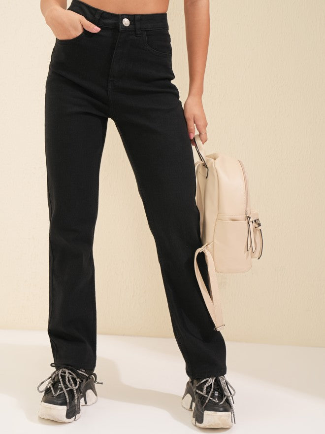 Tokyo Talkies Women Black Straight Fit Stretchable Jeans - Black - Image 1