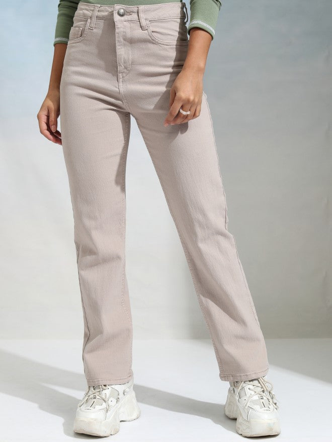 Tokyo Talkies Women Beige Straight Fit Stretchable Jeans - Beige - Image 1