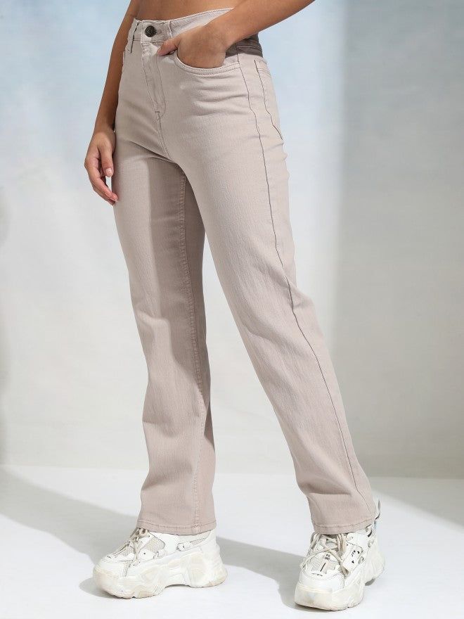 Tokyo Talkies Women Beige Straight Fit Stretchable Jeans - Beige - Image 4