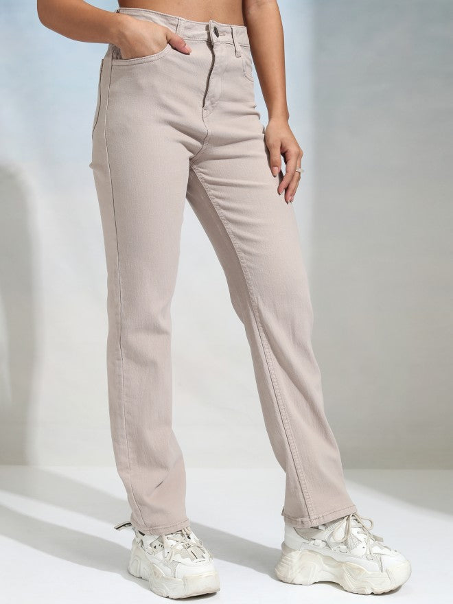 Tokyo Talkies Women Beige Straight Fit Stretchable Jeans - Beige - Image 6