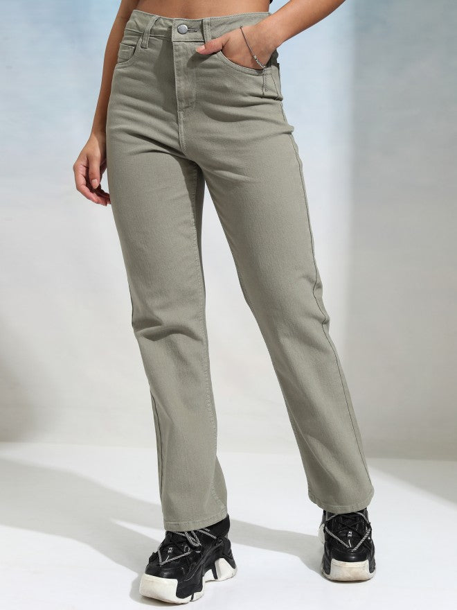 Tokyo Talkies Women Olive Straight Fit Stretchable Jeans - Olive - Image 1