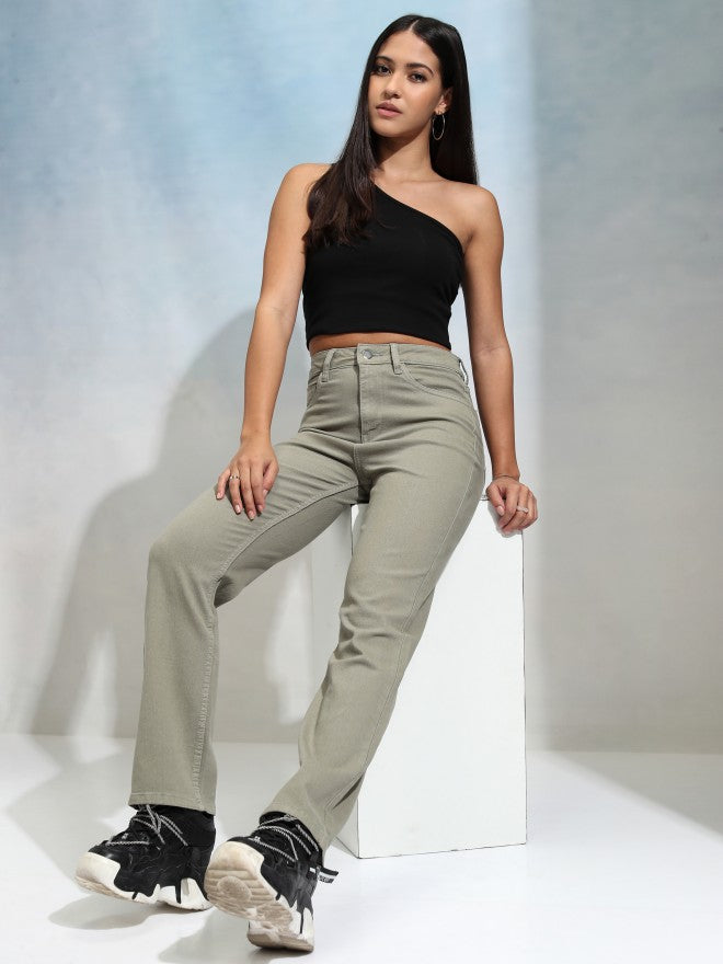 Tokyo Talkies Women Olive Straight Fit Stretchable Jeans - Olive - Image 2
