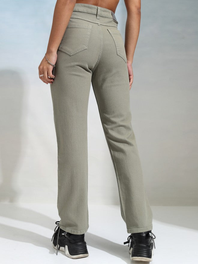 Tokyo Talkies Women Olive Straight Fit Stretchable Jeans - Olive - Image 3