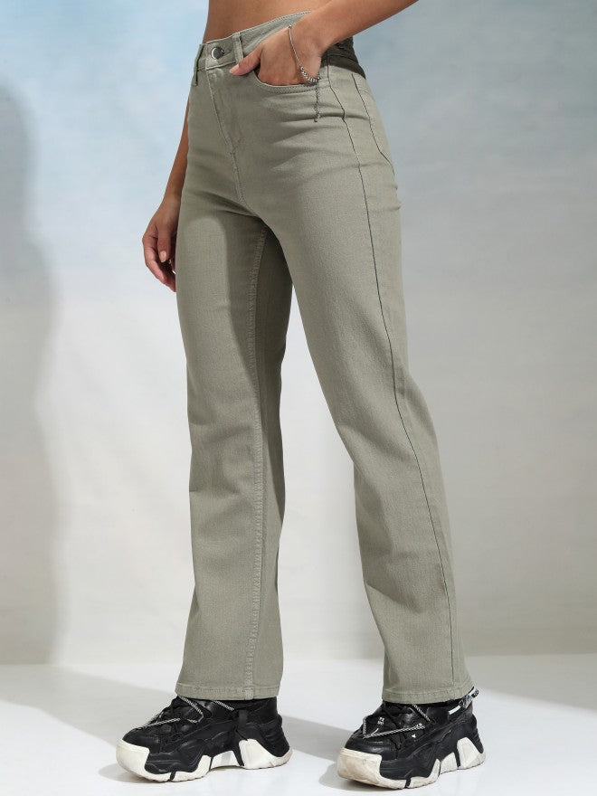 Tokyo Talkies Women Olive Straight Fit Stretchable Jeans - Olive - Image 4