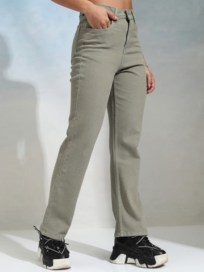 Tokyo Talkies Women Olive Straight Fit Stretchable Jeans - Olive - Image 6