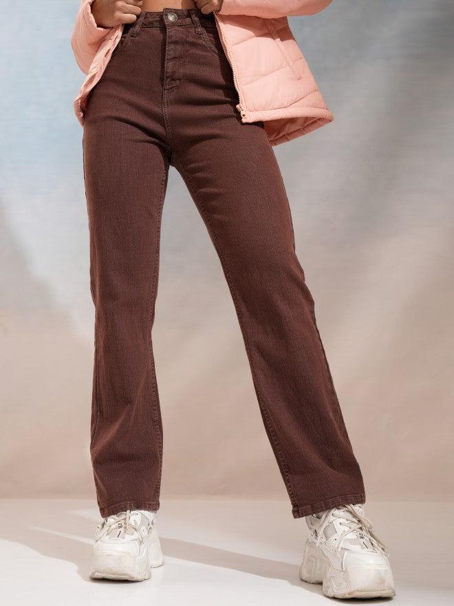 Tokyo Talkies Women Coffee Brown Straight Fit Stretchable Jeans - Coffee Brown - Image 1