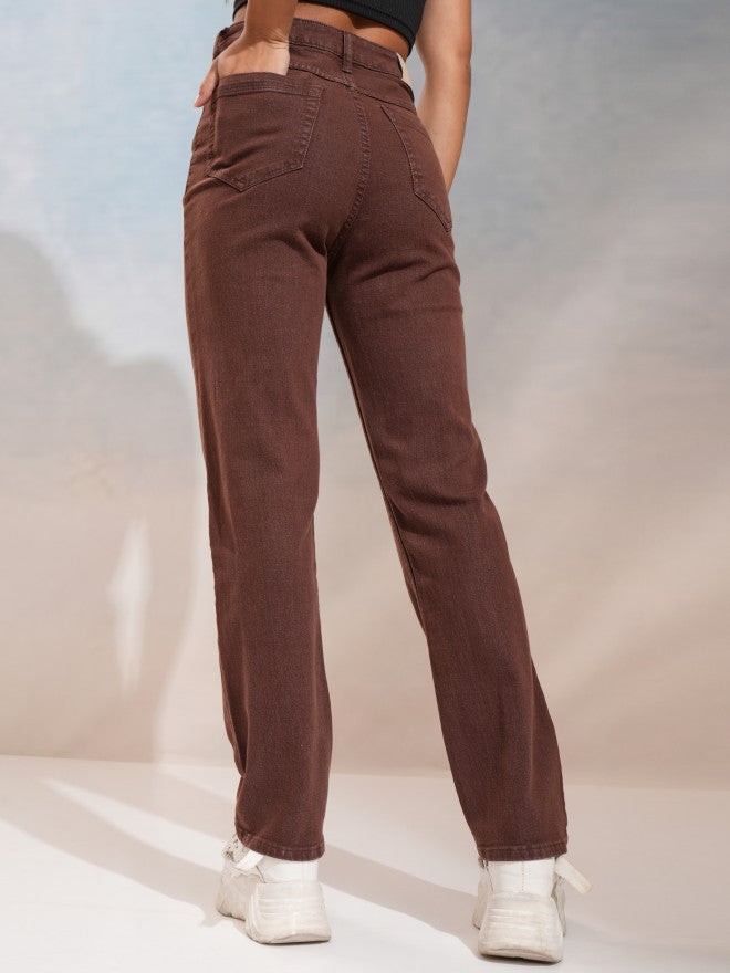 Tokyo Talkies Women Coffee Brown Straight Fit Stretchable Jeans - Coffee Brown - Image 3