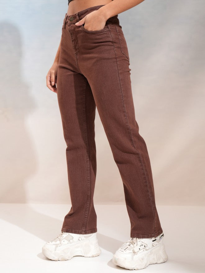 Tokyo Talkies Women Coffee Brown Straight Fit Stretchable Jeans - Coffee Brown - Image 4