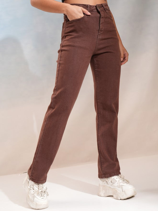 Tokyo Talkies Women Coffee Brown Straight Fit Stretchable Jeans - Coffee Brown - Image 6