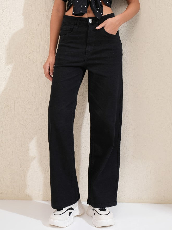 Tokyo Talkies Women Black Wide Leg Stretchable Jeans - Black - Image 1